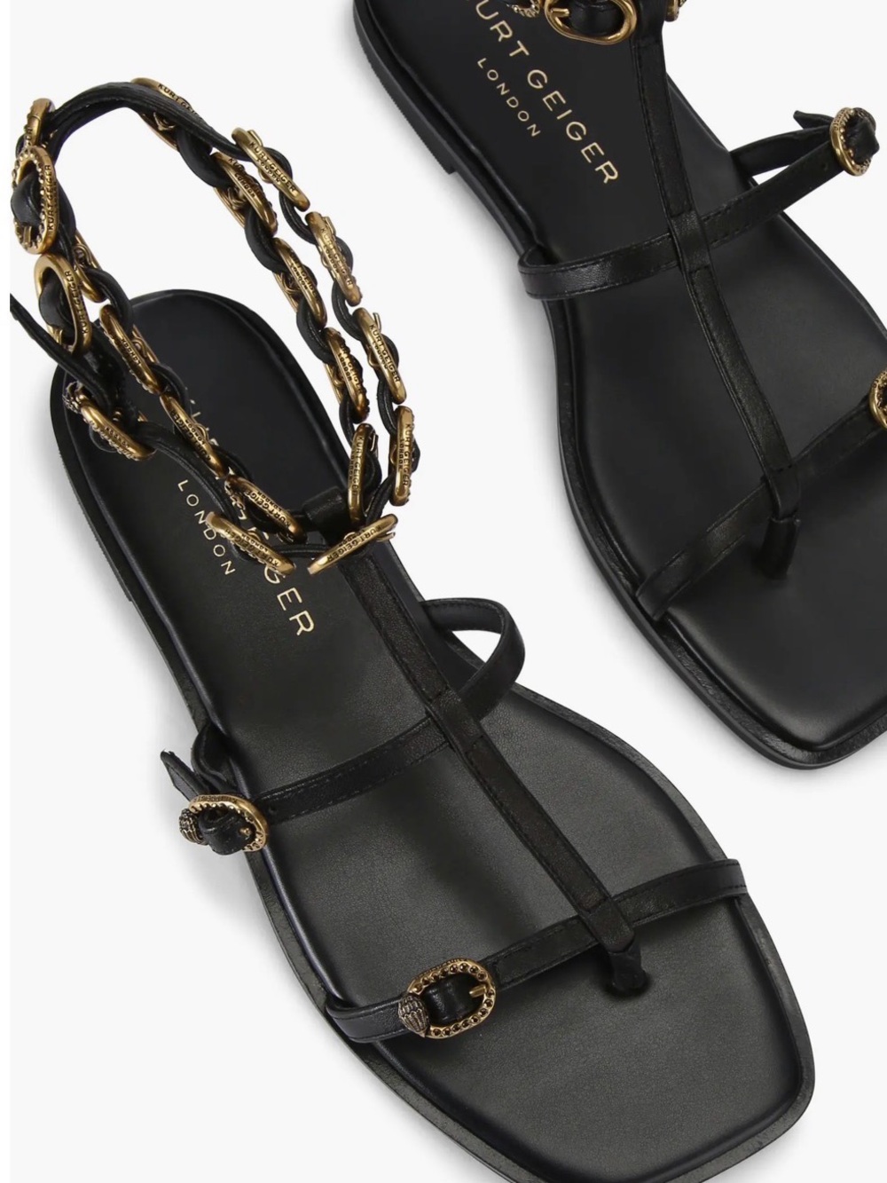 Kurt Geiger Black Leather T-Strap Sandals with Gold Chain Detail - Picture 4 of 5